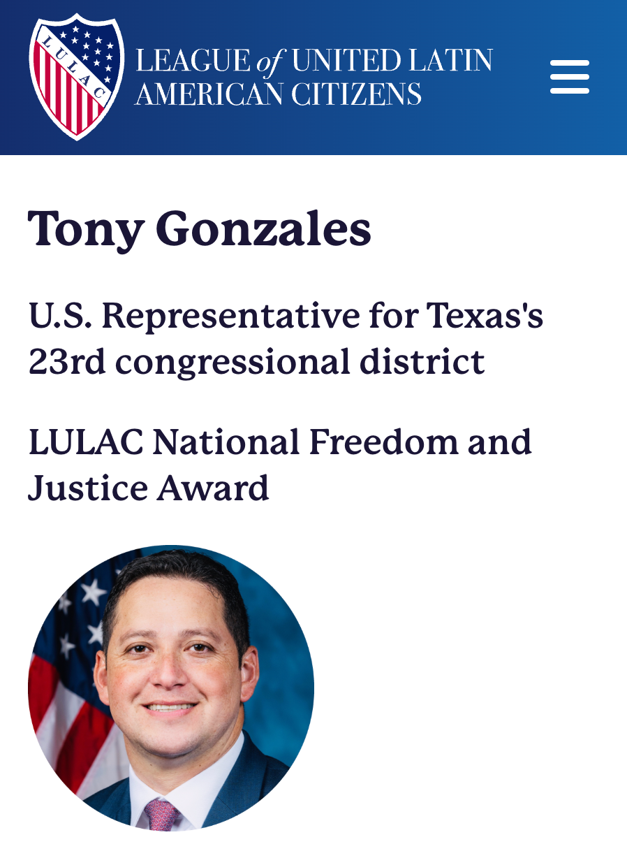 Tony Gonzales featured as speaker and award winner on LULAC's official website